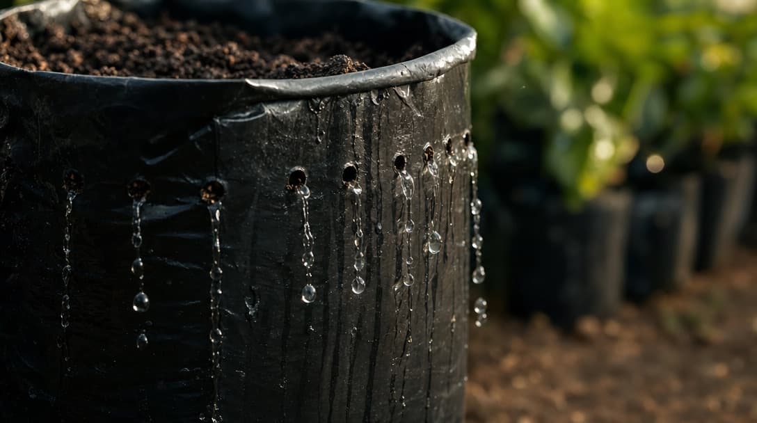 Bolsa de vivero negra drenando agua por sus perforaciones laterales