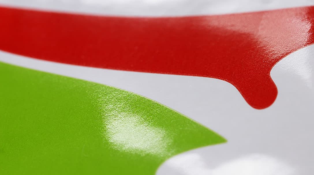 Macro de tinta roja y verde impresa sobre película de polietileno, con bordes nítidos